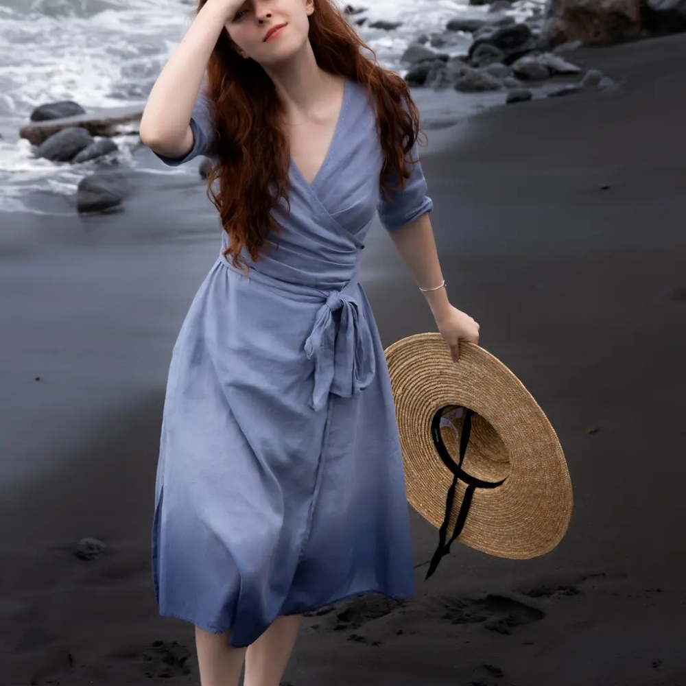 Pavietra Blue Button-Up Dress with Tie